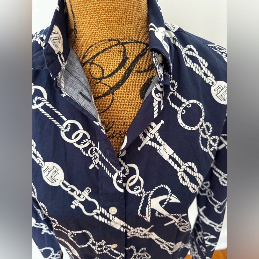 Ralph Lauren Navy and White Chain Print Button-Up Shirt - Picture 3 of 4